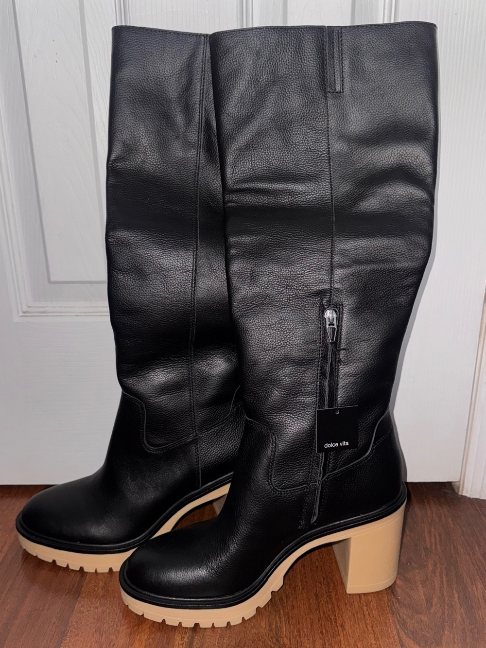 Dolce Vita Black Leather Knee-High Boots with Tan Platform